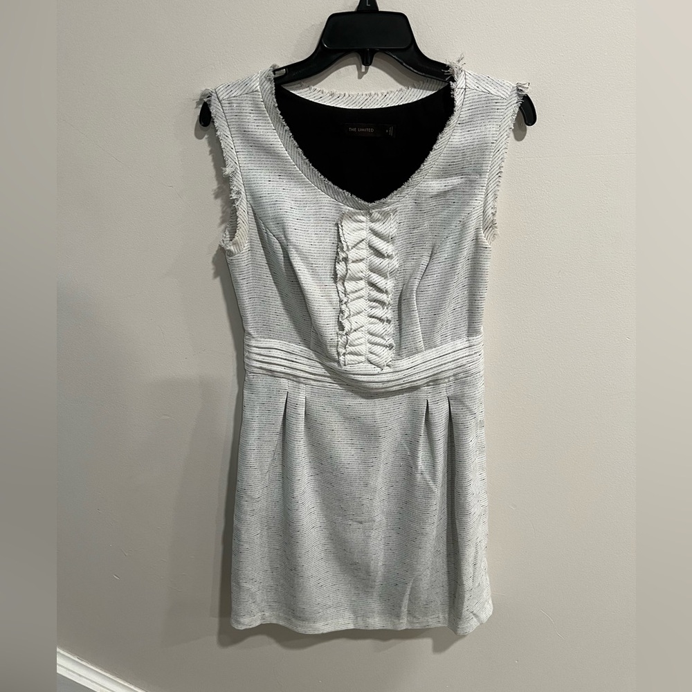The Limited Women White Sleeveless Round Neck Ruffle Trim Pleated A-Line Dress